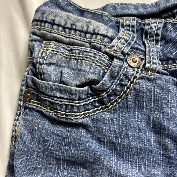 Denim Shorts Thick Stitch Flap Pockets  Embroidery Long  Western Cuffed BL - Picture 2 of 15